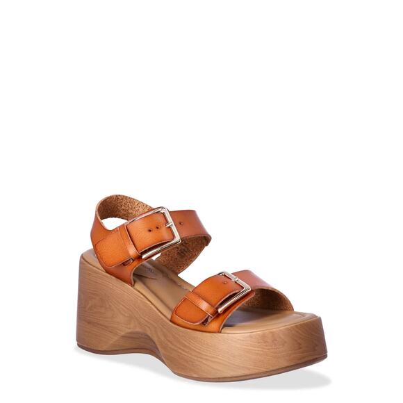 RETRO 70'S GROOVY STYLE BROWN FAUX LEATHER PLATFORM STRAP SANDAL - NWT - SZ 8 - Picture 1 of 5